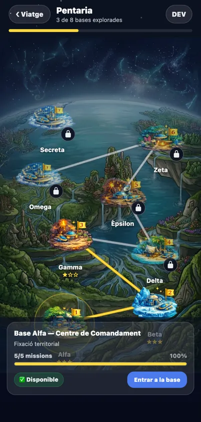 Pantalla de bases después: un mapa ilustrado del planeta con las ocho bases y la ruta entre ellas