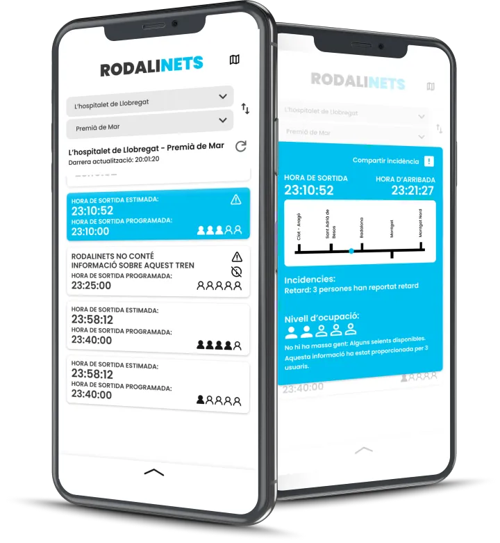 Dos pantallas de la app Rodalinets: la lista de próximos trenes con hora estimada y ocupación, y el detalle de un tren con su posición en la línea e incidencias